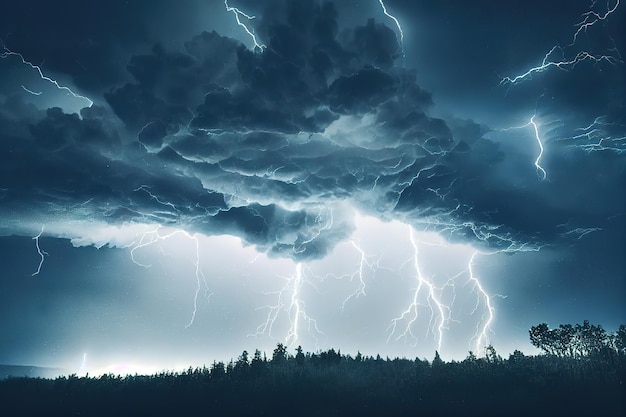 Thunderstorm over a tree in blue and purple light