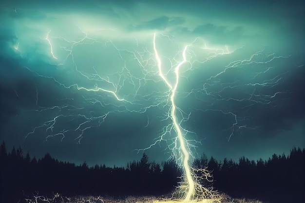 Thunderstorm over a tree in blue and purple light