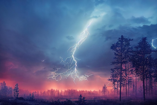 Thunderstorm over a tree in blue and purple light