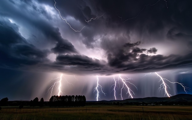 A thunderstorm with a few clouds and a few trees in the background