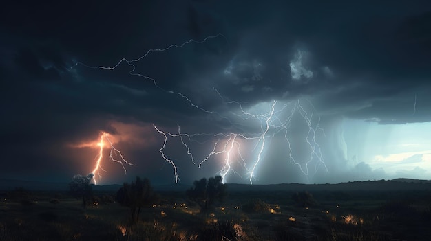 A thunderstorm with lightning strikes in the sky