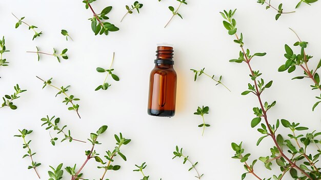 Thyme essential oil in bottle fresh branch and leaves isolated on white background C Generative AI