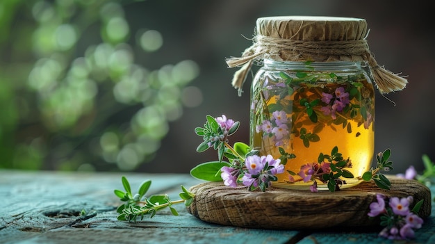 The thyme is in a jar on the wooden surface along with herbs and a space to copy the text