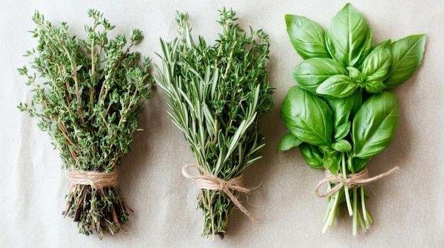 Thyme Rosemary and Basil Bundles on Paper