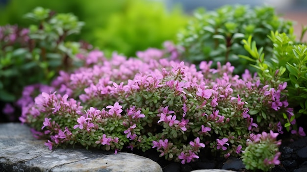 Thyme Thymus vulgaris fresh in garden with flowers