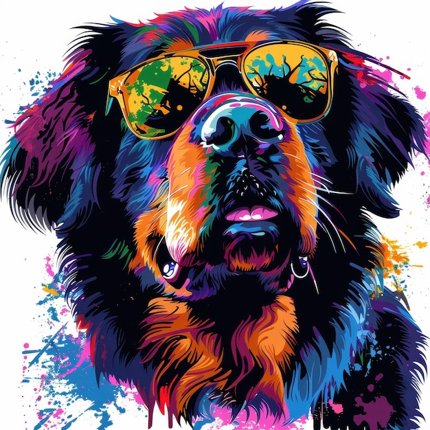 Tibetan Mastiff dog wearing sunglasses in colorful pop art style