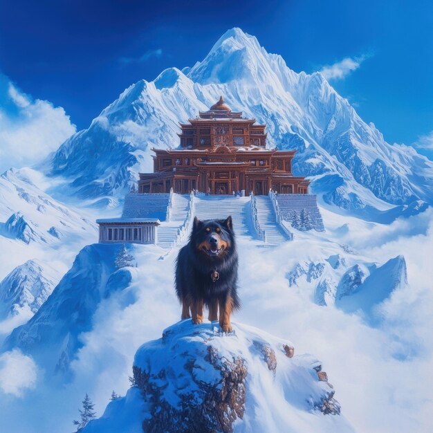 Photo a tibetan mastiff stands watchfully in front of a remote mountain temple