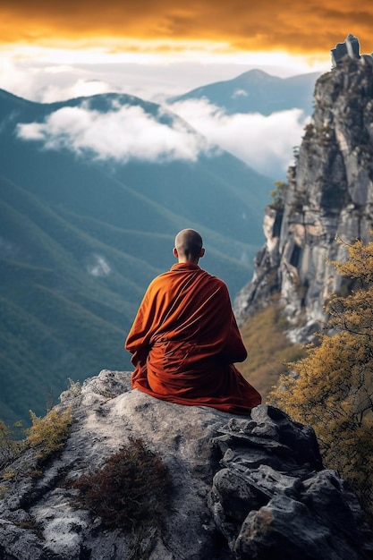 Tibetan monk sitting on a stone meditating in a mountain rear view Generative AI