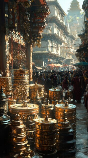 Tibetan Prayer Wheel Market Stall Buddhism Religion Spiritual Symbol