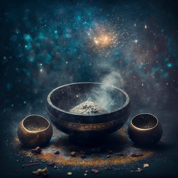 tibetan singing bowls, glitter and star dust floating around