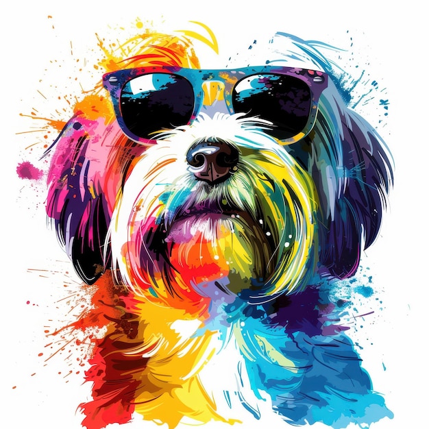 Tibetan Terrier dog wearing sunglasses in colorful pop art style