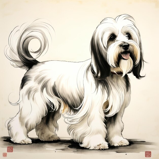 Photo tibetan terrier watercolor painting brush strokes and attention to detail