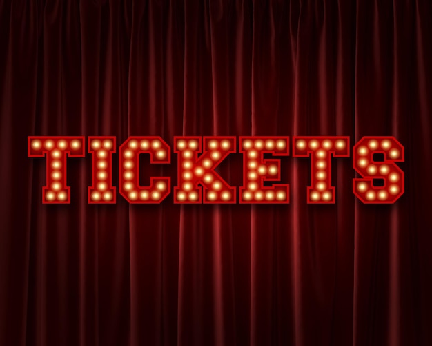 Tickets lightbulb lettering word against a red theatre curtain 3D Rendering