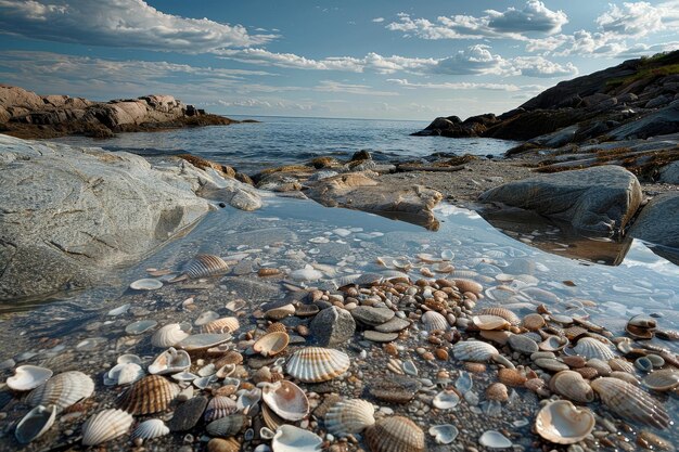 Photo a tide pool filled with seashells and rocks on a rocky beach a rocky beach with tide pools and seashells scattered across the sand