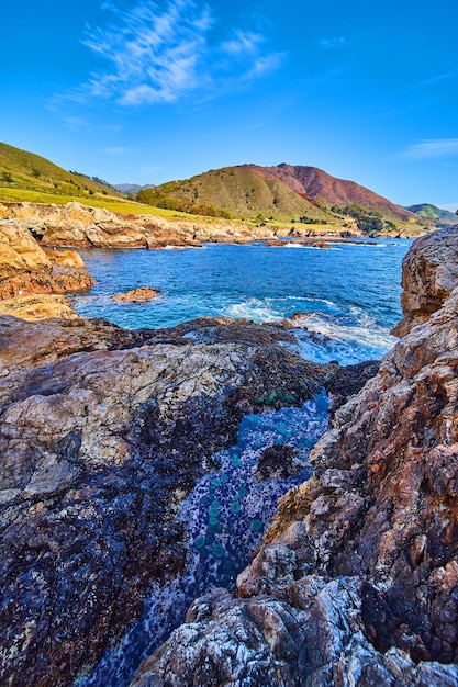 Tide pool hidden by rocks and hit by ocean waves