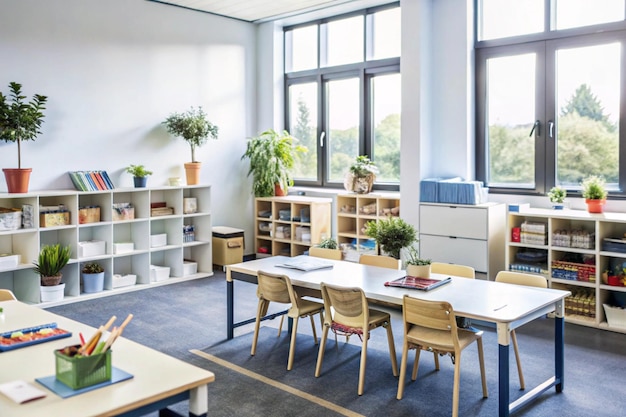 Tidy classroom Books ans shelves and pencil all neatly arr aged in trays