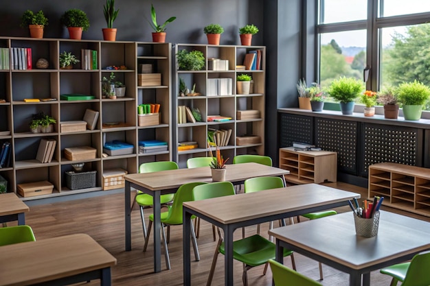 Photo tidy classroom books ans shelves and pencil all neatly arr aged in trays