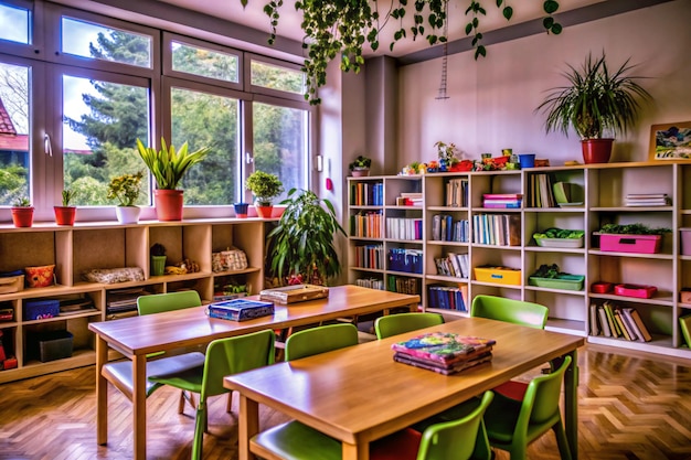 Photo tidy classroom books ans shelves and pencil all neatly arr aged in trays