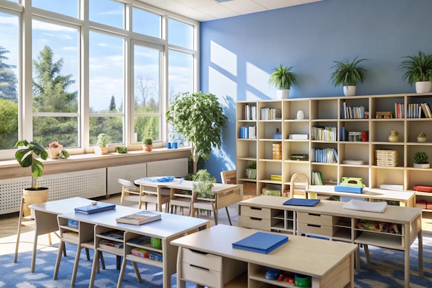 Tidy classroom Books ans shelves and pencil all neatly arr aged in trays