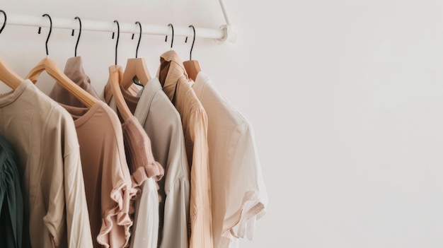 A tidy row of neutraltoned shirts hang on wooden hangers displayed neatly on a minimalist clothing rack