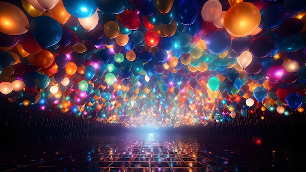 Tidy rows of colourful balloons hang from the ceiling with light painting in abstract expressionism