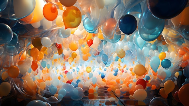 Tidy rows of colourful balloons hang from the ceiling with light painting in abstract expressionism