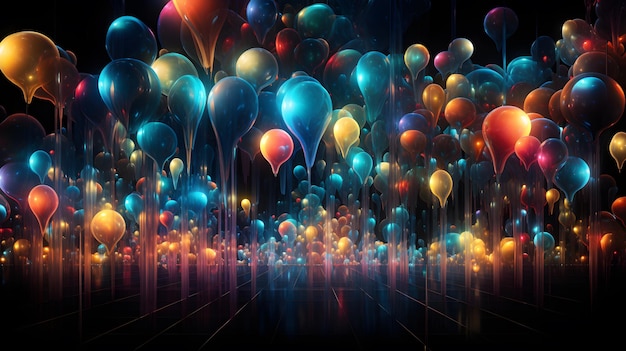 Tidy rows of colourful balloons hang from the ceiling with light painting in abstract expressionism