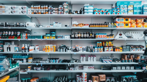 A tidy welllit hardware store shelf packed with a diverse range of products from tools to small appliances arranged for easy browsing