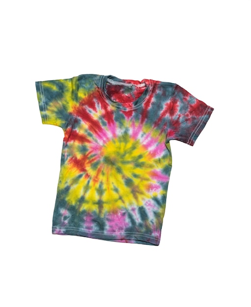 Tie dye-style short-sleeved T-shirt isolated on a white background. Flat lay.