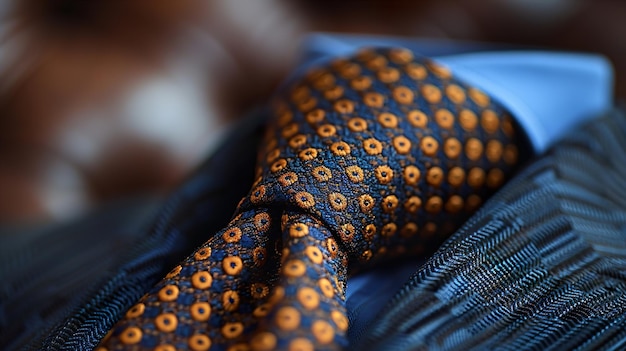 Photo a tie with a blue and brown pattern is shown with a blue shirt that says  bead