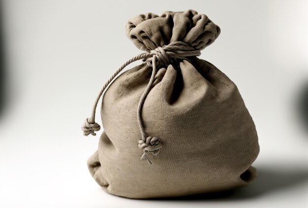 Tied earth shaped money bag or sack made of canvas and linen with a white backdrop