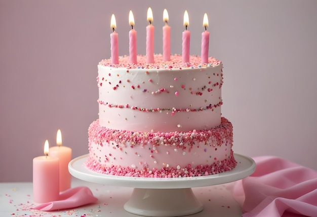 Tiered birthday cake with pink candles and sprinkles