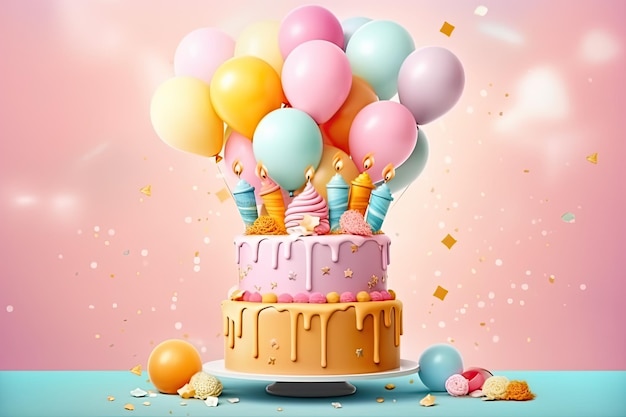 Tiered cake and vibrant inflatable balloons creating a lively birthday background