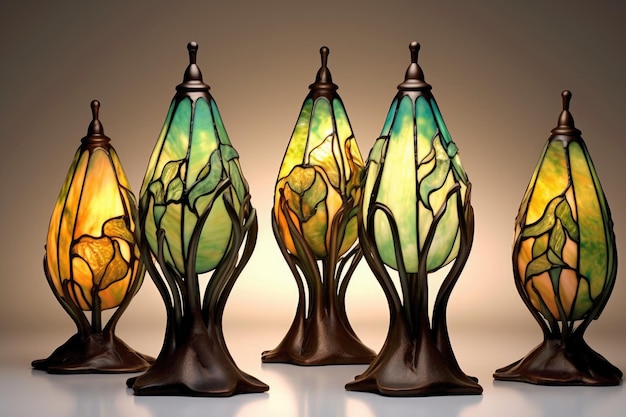 Tiffanystyle stained glass lamps glowing softly created with generative ai