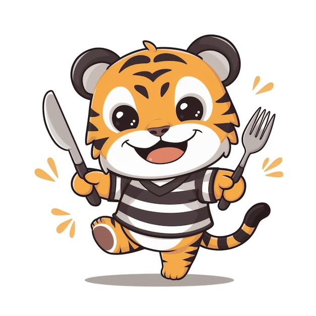 Photo tiger in black and white shirt with knife and fork