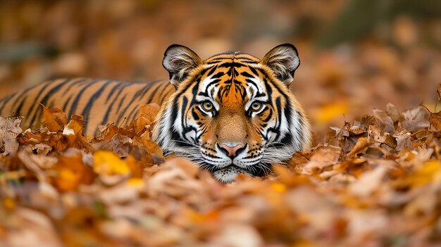 Photo tiger camouflaged among the leaves