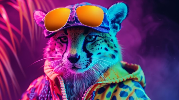 a tiger cat wearing a colorful outfit with goggles on its head