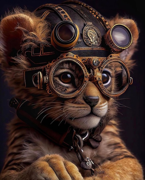 A tiger cat wearing a steampunk hat and a steampunk hat.