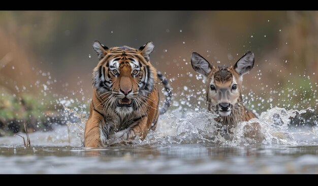 Photo tiger chases sika deer through water during the day