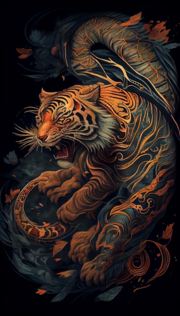 The tiger chinese style art on black background generative AI