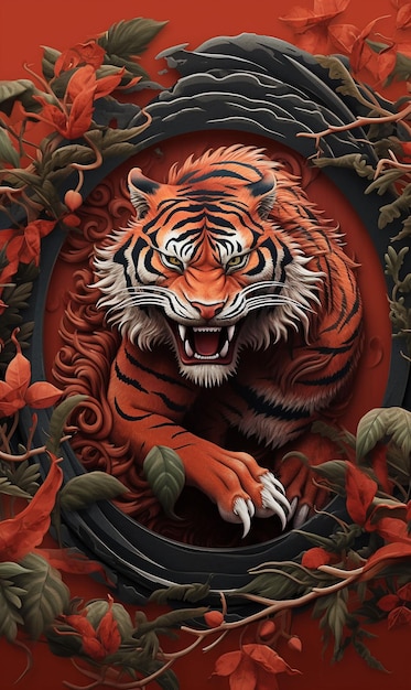 A tiger in a circle with leaves and the word tiger on it