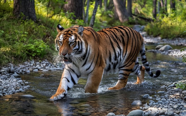 a tiger crossing a stream in the woods