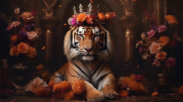 tiger in a crown wallpaper on a dark background and flowers