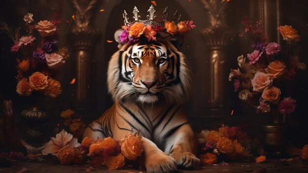 Photo tiger in a crown wallpaper on a dark background and flowers