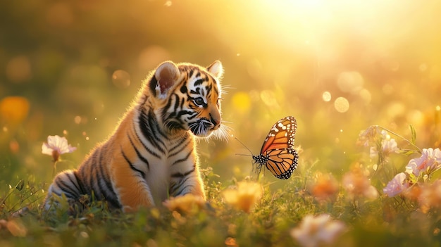 Tiger Cub and Butterfly in a Meadow