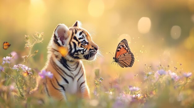 Tiger Cub and Butterfly in Meadow