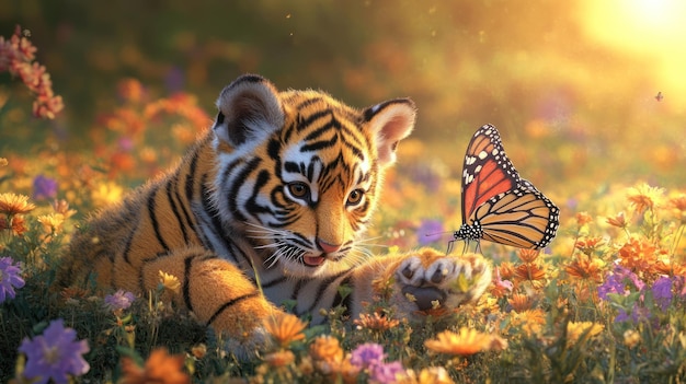 Tiger Cub in a Field of Flowers with a Butterfly