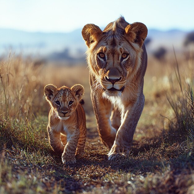 Photo a tiger cub and her cub are walking in the grass