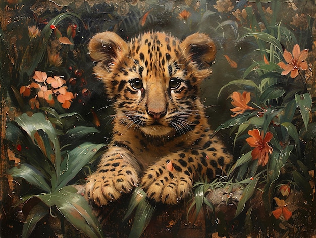 a tiger cub is in the jungle with flowers