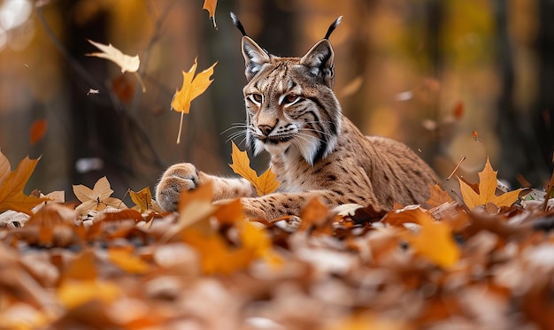 a tiger cub is laying in the leaves of a forest